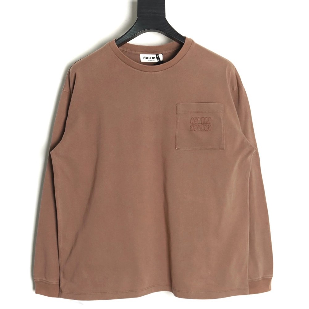 Miu Miu embroidered pocket cotton longsleeved Tshirt,Miu Miu T Shirt,Tshirt,APPAREL