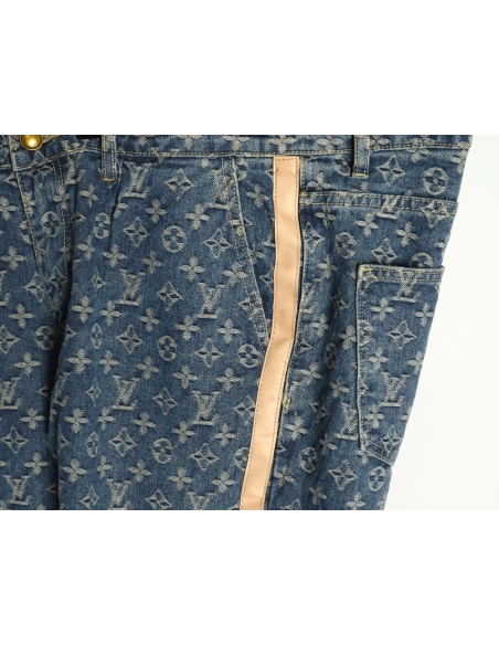 Louis Vuitton washed blue jeans with all-over print and side straps,Louis Vuitton