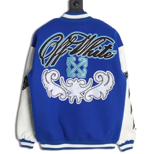 Off-White blue and white patchwork baseball jacket,Off White