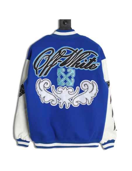 Off-White blue and white patchwork baseball jacket,Off White