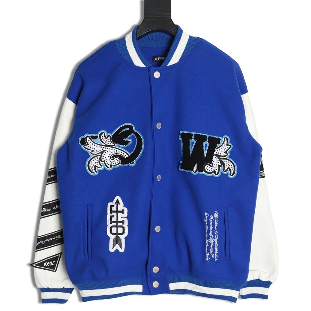 Off-White blue and white patchwork baseball jacket,Off White