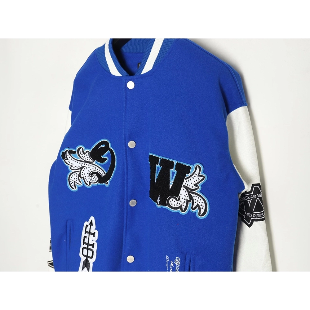Off-White blue and white patchwork baseball jacket,Off White