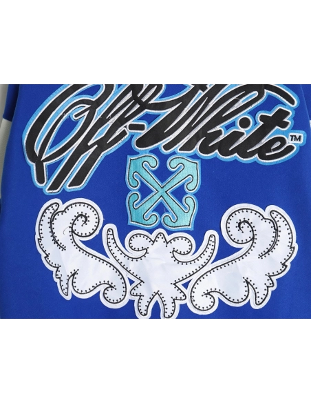 Off-White blue and white patchwork baseball jacket,Off White