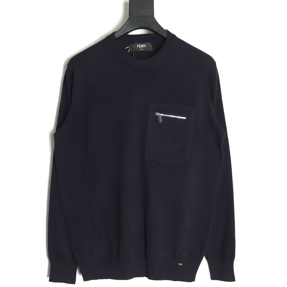 Fendi Embossed Pocket Navy Crew Neck Sweater,Fendi