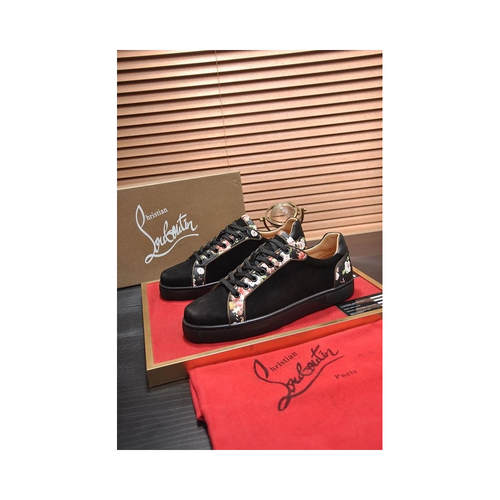 Replica Christian Louboutin Men Sneakers Low-top Floral Trim Veau Velours Black