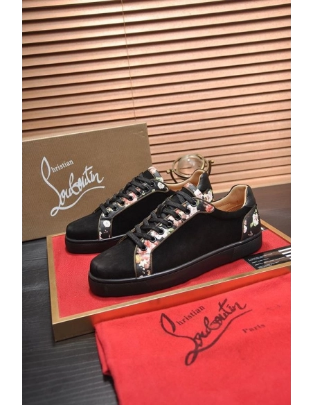 Replica Christian Louboutin Men Sneakers Low-top Floral Trim Veau Velours Black