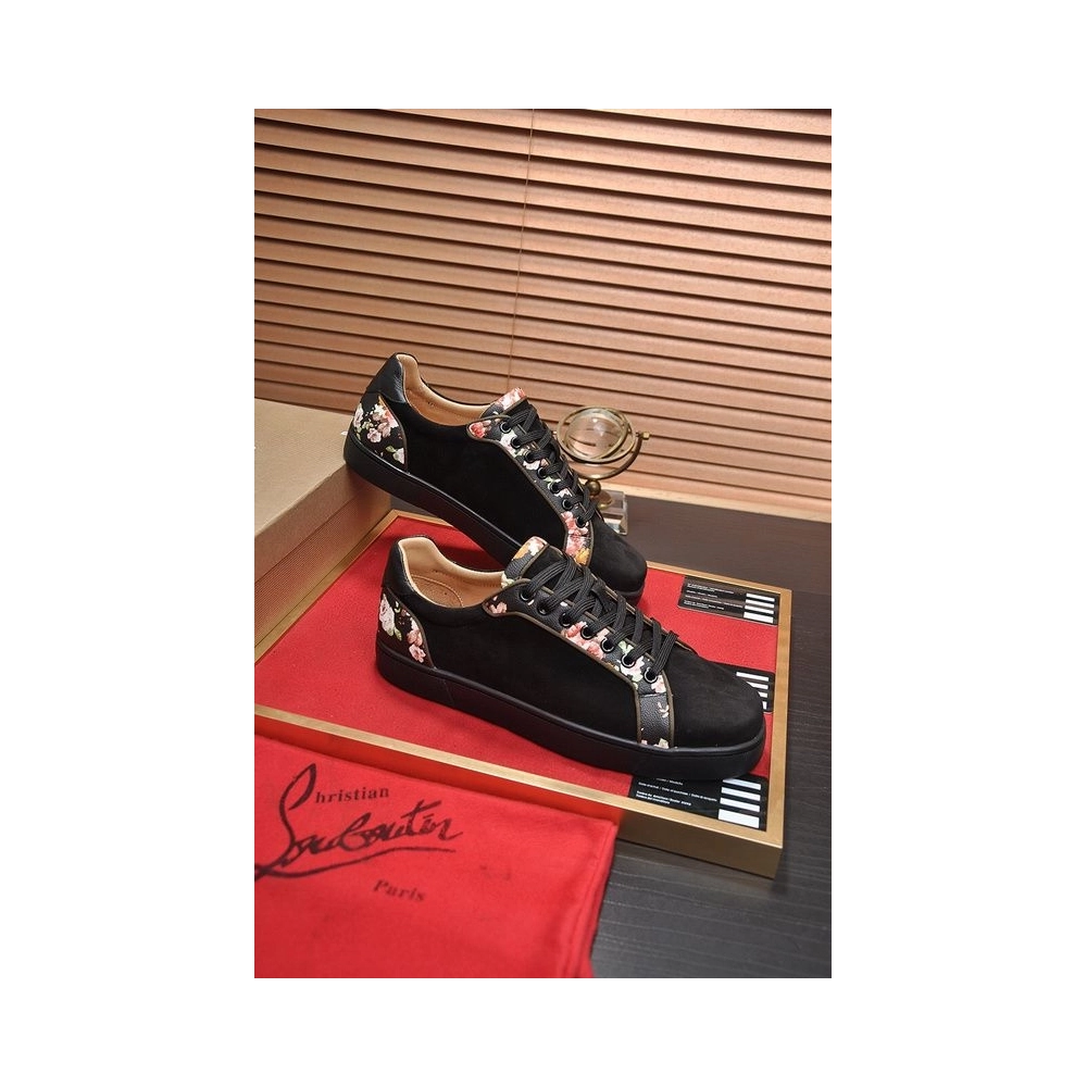 Replica Christian Louboutin Men Sneakers Low-top Floral Trim Veau Velours Black