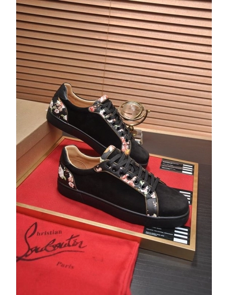 Replica Christian Louboutin Men Sneakers Low-top Floral Trim Veau Velours Black
