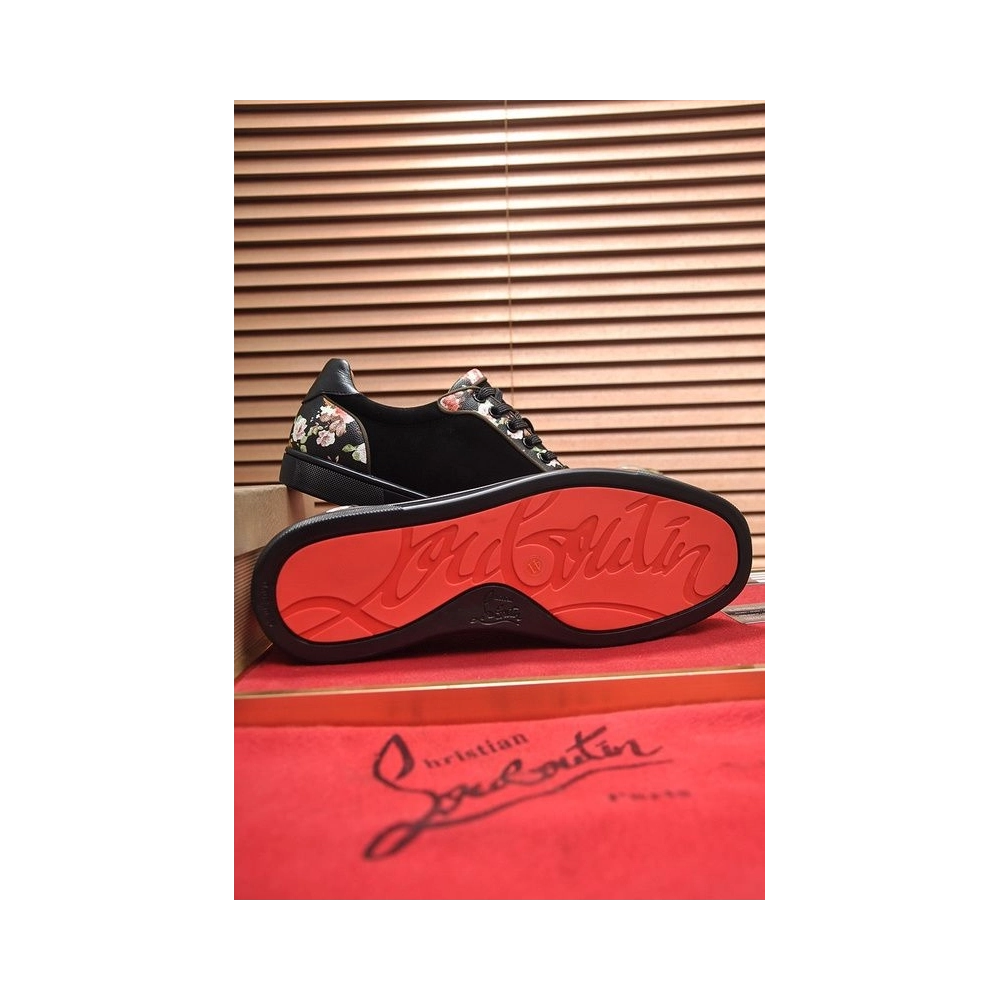 Replica Christian Louboutin Men Sneakers Low-top Floral Trim Veau Velours Black