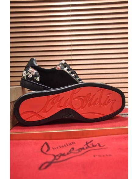 Replica Christian Louboutin Men Sneakers Low-top Floral Trim Veau Velours Black