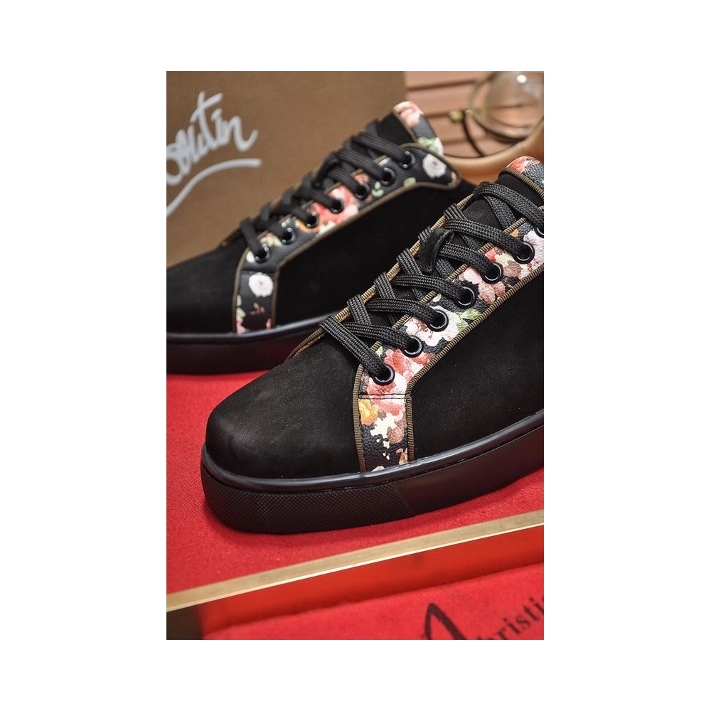 Replica Christian Louboutin Men Sneakers Low-top Floral Trim Veau Velours Black