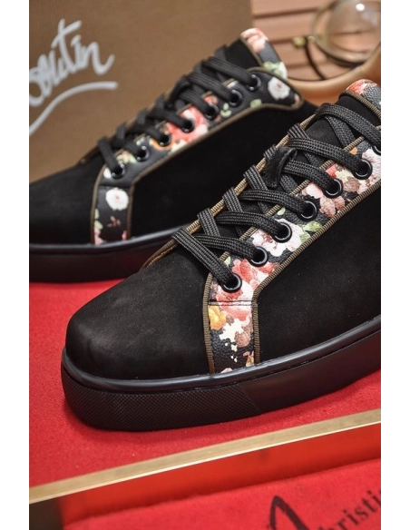 Replica Christian Louboutin Men Sneakers Low-top Floral Trim Veau Velours Black