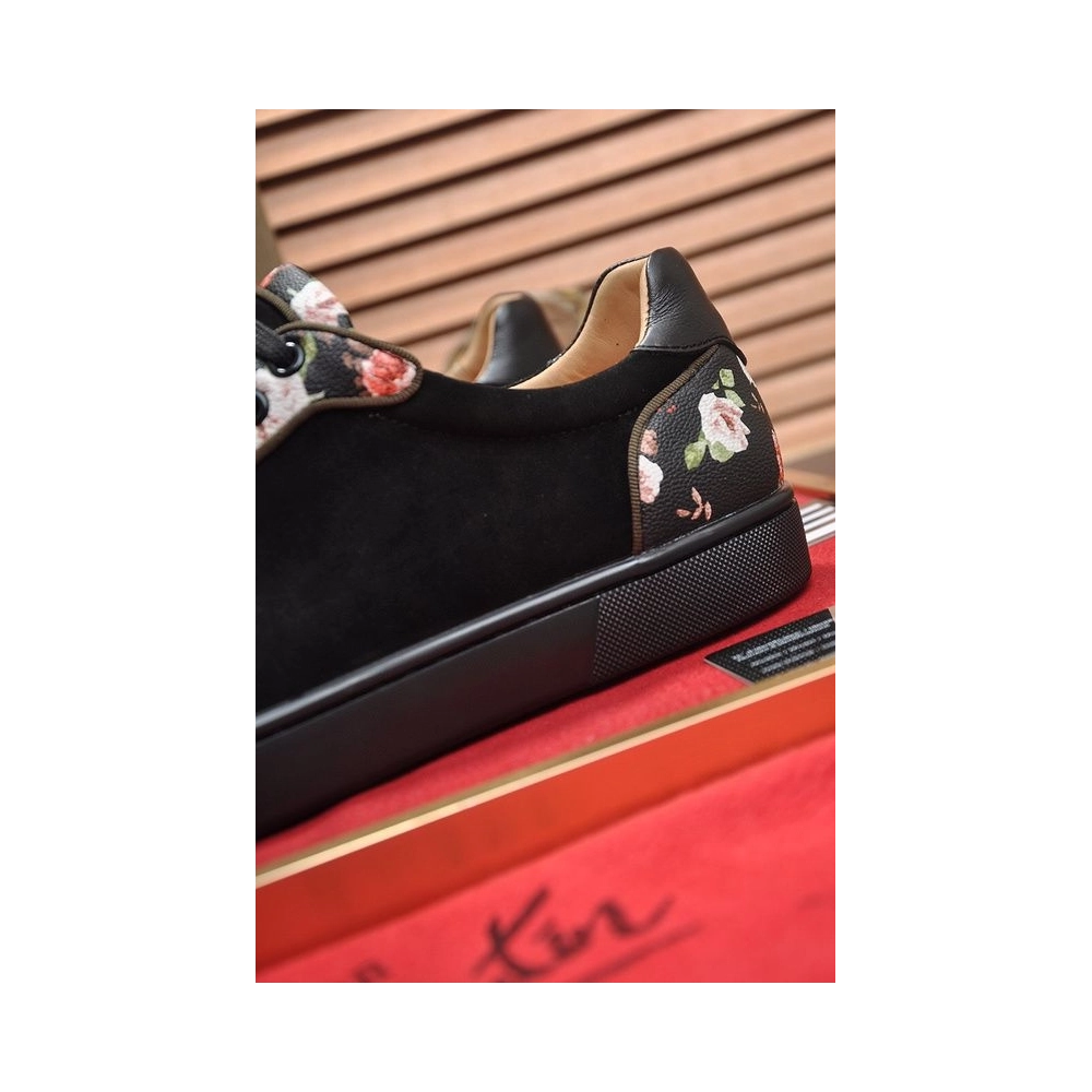 Replica Christian Louboutin Men Sneakers Low-top Floral Trim Veau Velours Black