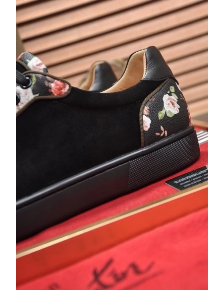 Replica Christian Louboutin Men Sneakers Low-top Floral Trim Veau Velours Black