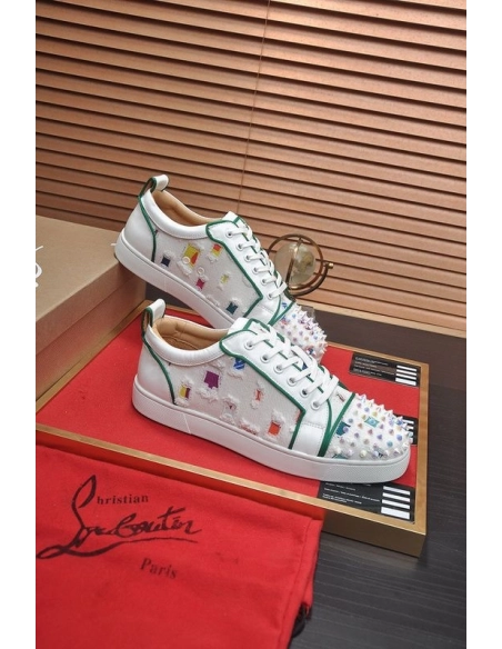 Discount Christian Louboutin Men Low-top Sneaker Fabric with Spikes White Green Outlet Sale