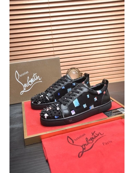 Knockoff Christian Louboutin Men Low-top Sneaker Fabric with Spikes Black, Fake CL Shoes