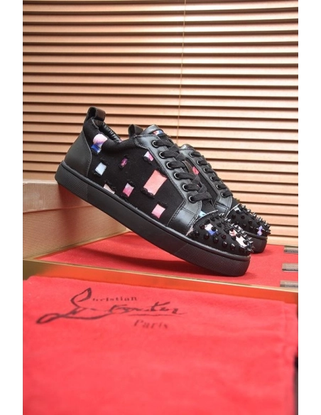 Knockoff Christian Louboutin Men Low-top Sneaker Fabric with Spikes Black, Fake CL Shoes