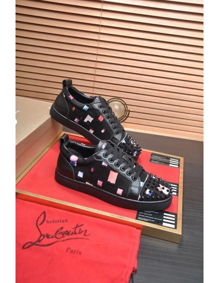 Knockoff Christian Louboutin Men Low-top Sneaker Fabric with Spikes Black, Fake CL Shoes