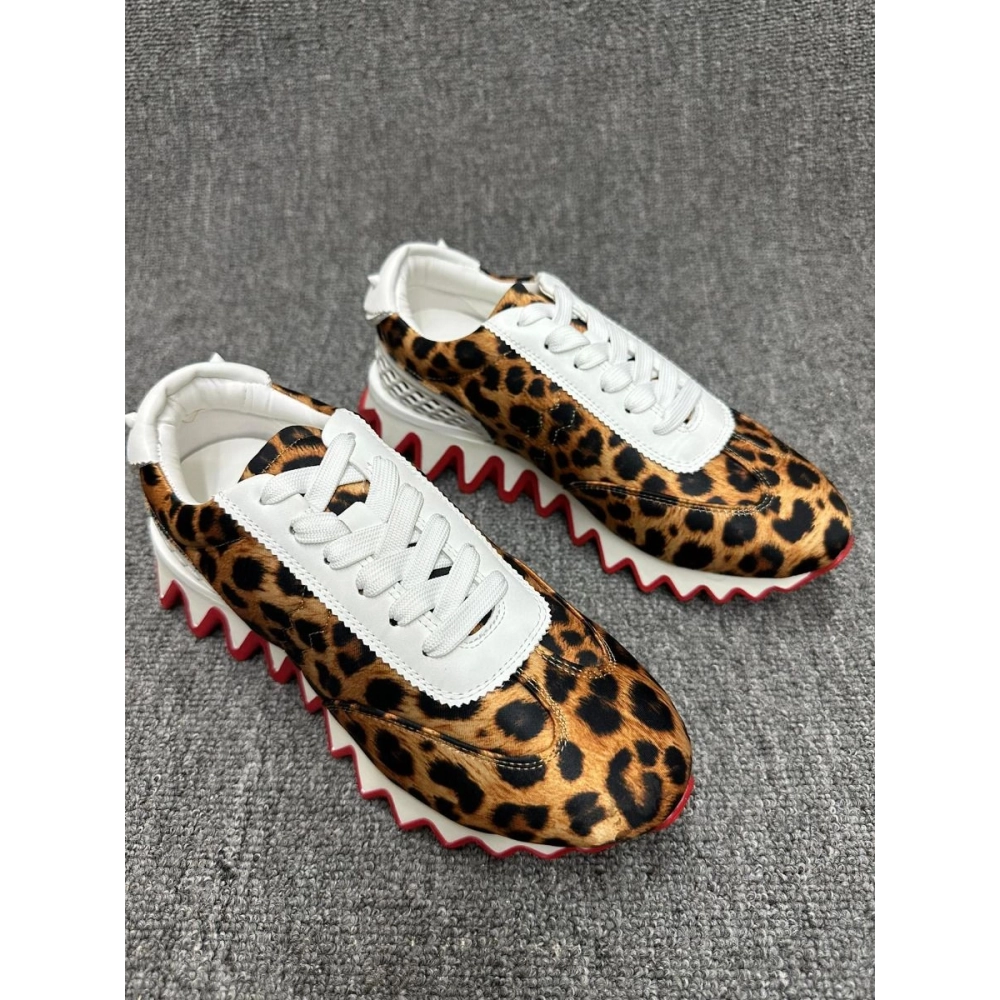Cheap Christian Louboutin Loubishark Sneakers Leopard-Print Satin Fabric and Leather on Sale
