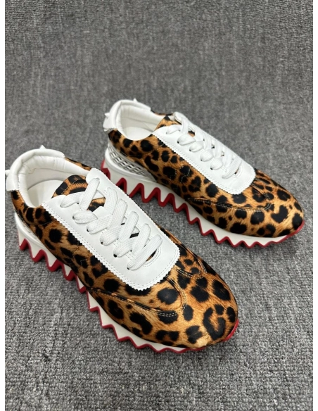Cheap Christian Louboutin Loubishark Sneakers Leopard-Print Satin Fabric and Leather on Sale