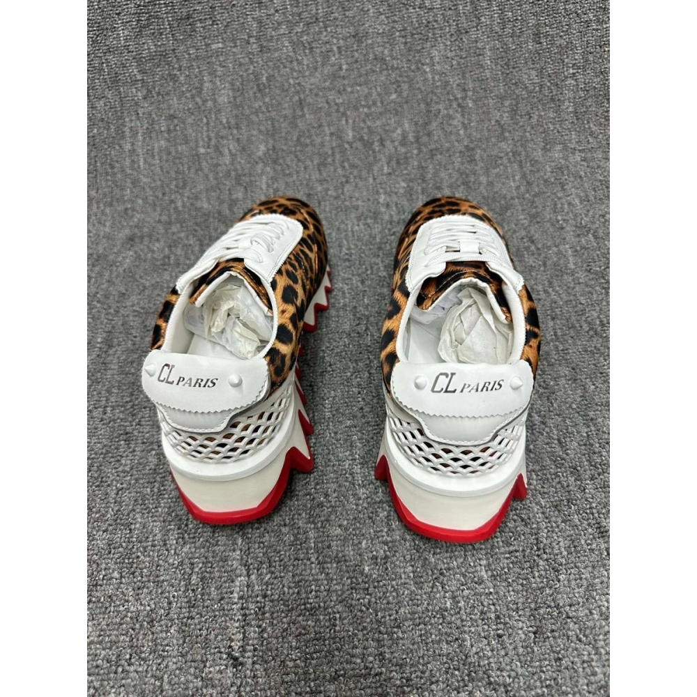 Cheap Christian Louboutin Loubishark Sneakers Leopard-Print Satin Fabric and Leather on Sale