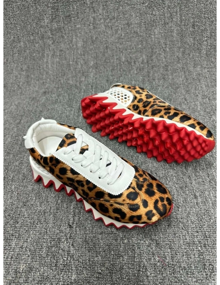 Cheap Christian Louboutin Loubishark Sneakers Leopard-Print Satin Fabric and Leather on Sale