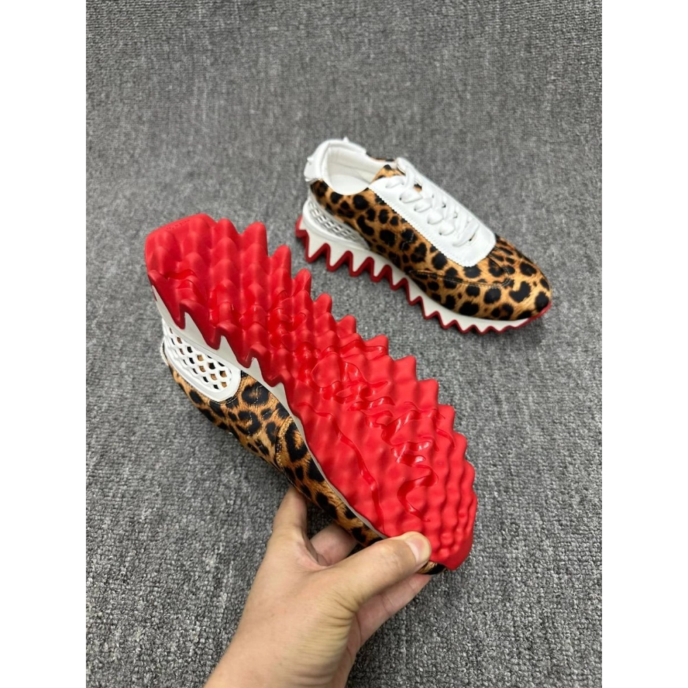 Cheap Christian Louboutin Loubishark Sneakers Leopard-Print Satin Fabric and Leather on Sale