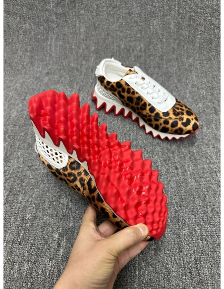 Cheap Christian Louboutin Loubishark Sneakers Leopard-Print Satin Fabric and Leather on Sale