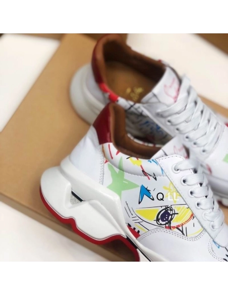 Replica Christian Louboutin Men Runners Calf Leather and Neoprene Pattern White