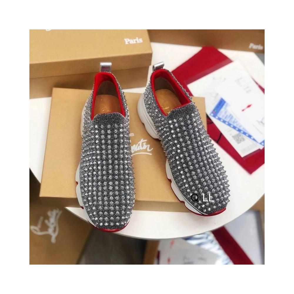 Cheap Christian Louboutin Spike Sock Sneakers Neoprene Silver for Sale, Discount CL Shoes Outlet Online
