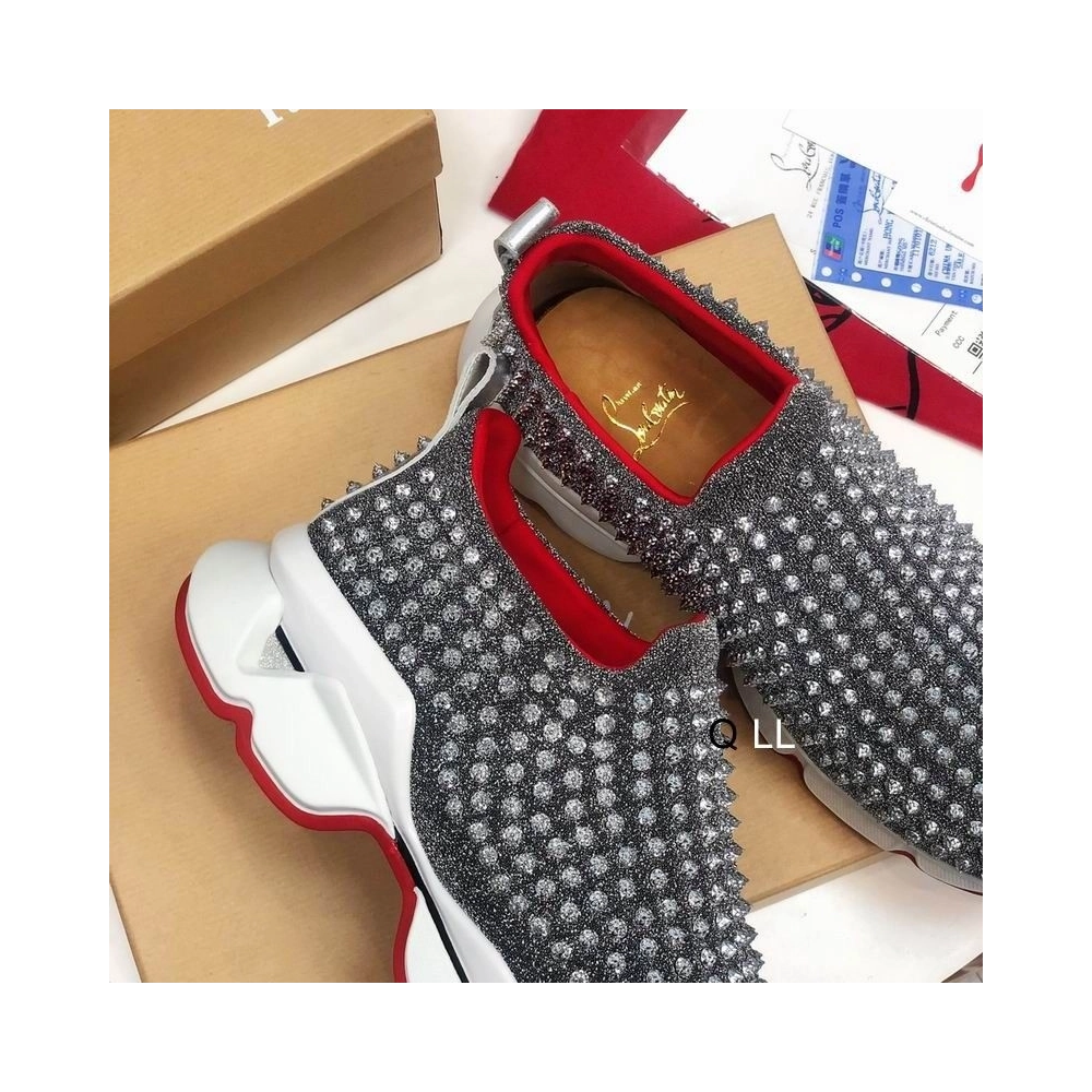 Cheap Christian Louboutin Spike Sock Sneakers Neoprene Silver for Sale, Discount CL Shoes Outlet Online