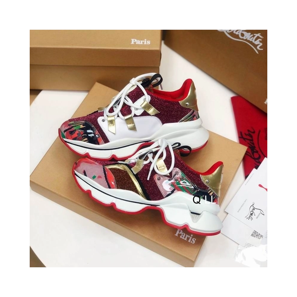 Discount Christian Louboutin Red Runner Flat Sneakers Glitter Red Gold Sale Online