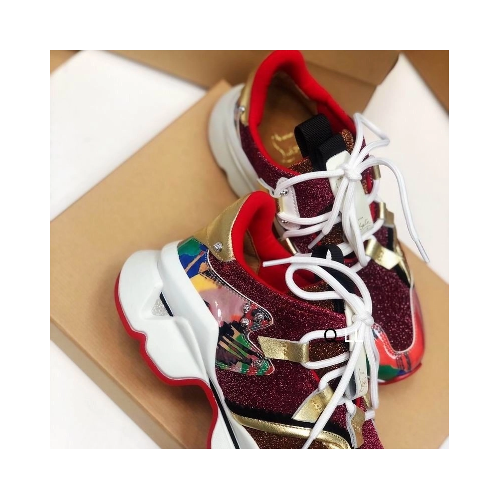 Discount Christian Louboutin Red Runner Flat Sneakers Glitter Red Gold Sale Online