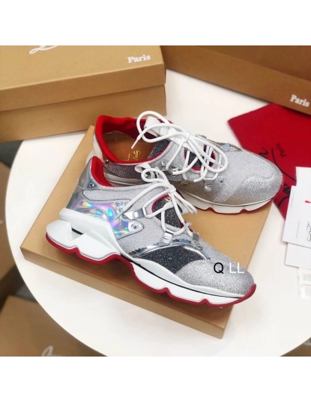 Fake Christian Louboutin Red Runner Flat Sneakers Glitter Silver, Replica CL Shoes