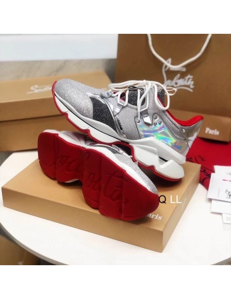 Fake Christian Louboutin Red Runner Flat Sneakers Glitter Silver, Replica CL Shoes