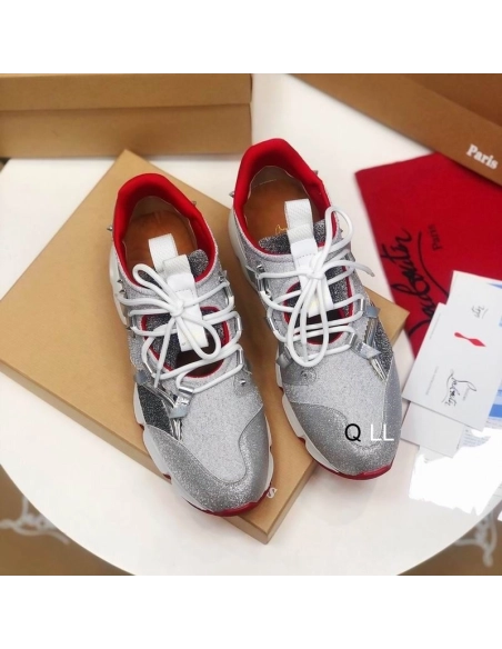 Fake Christian Louboutin Red Runner Flat Sneakers Glitter Silver, Replica CL Shoes