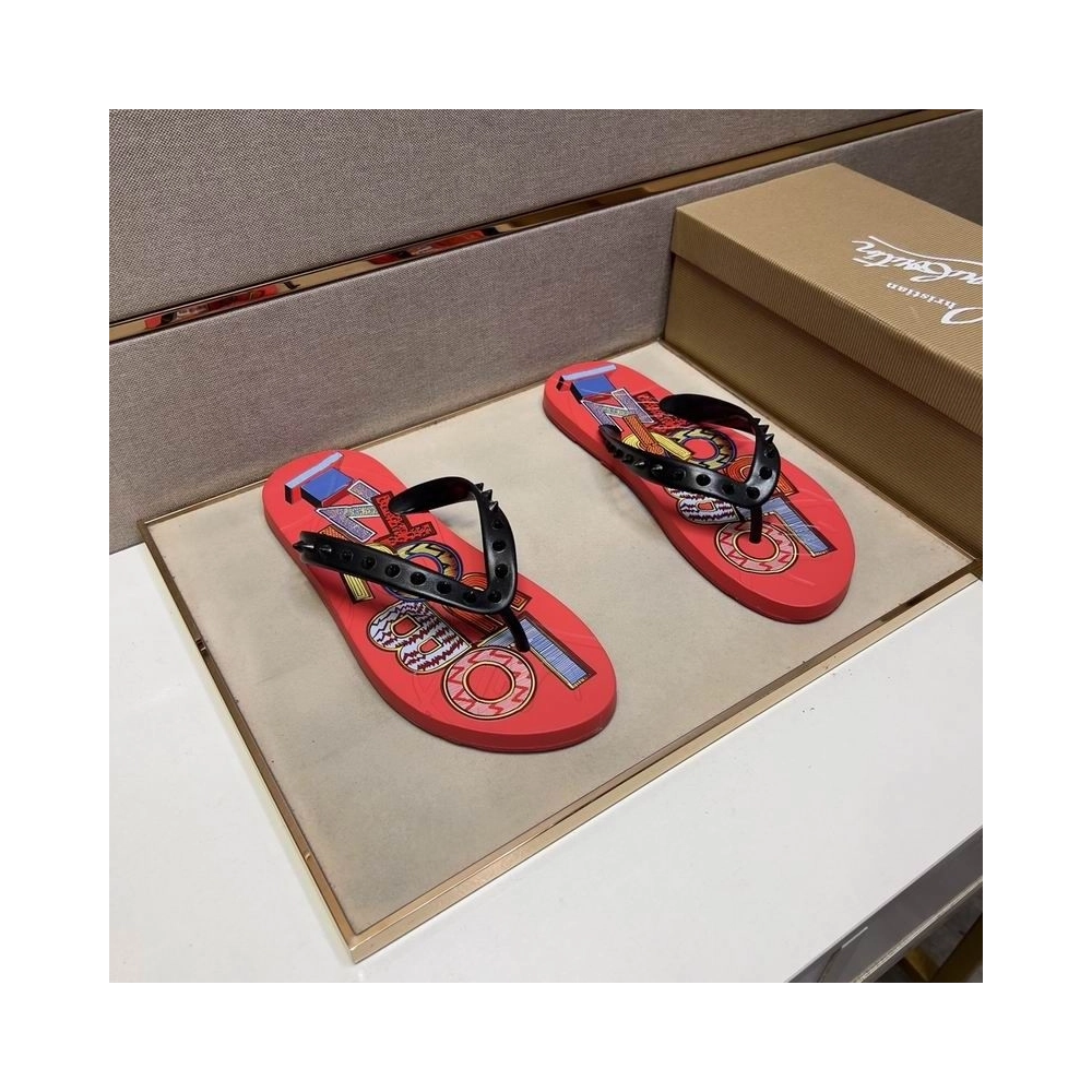 Replica Christian Louboutin Men Spike Flip Flop Pattern Red, Fake Christian Louboutin Shoes