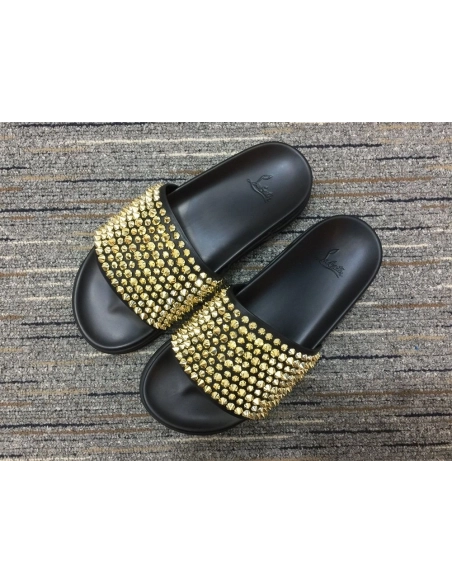 Discount Christian Louboutin Pool Fun Sandals Spikes Leather Black Outlet