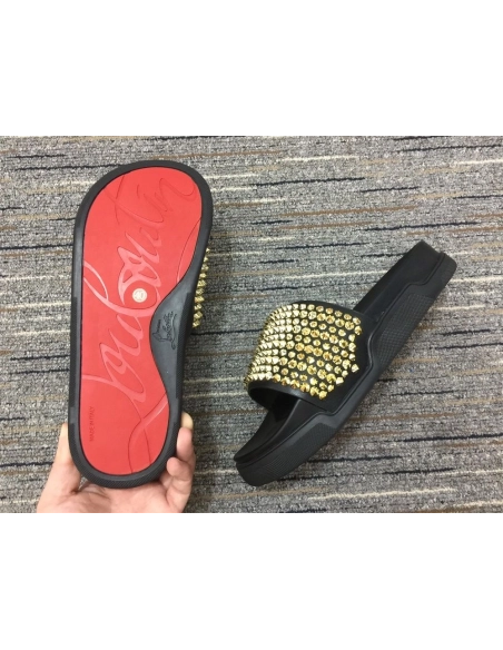 Discount Christian Louboutin Pool Fun Sandals Spikes Leather Black Outlet