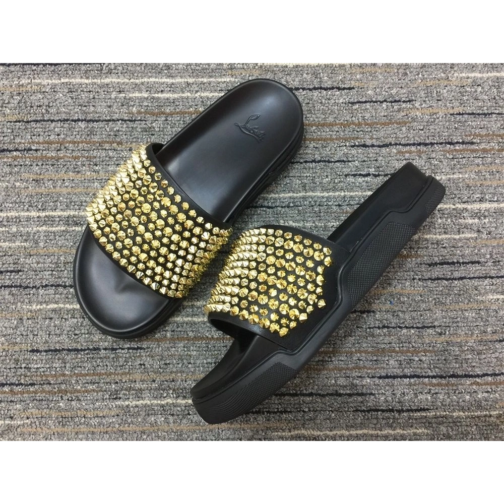 Discount Christian Louboutin Pool Fun Sandals Spikes Leather Black Outlet