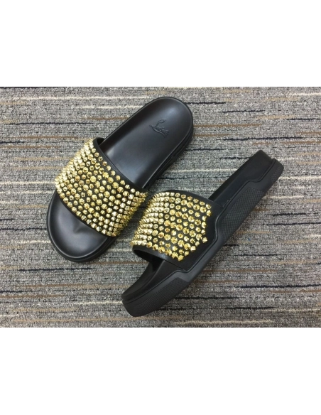Discount Christian Louboutin Pool Fun Sandals Spikes Leather Black Outlet