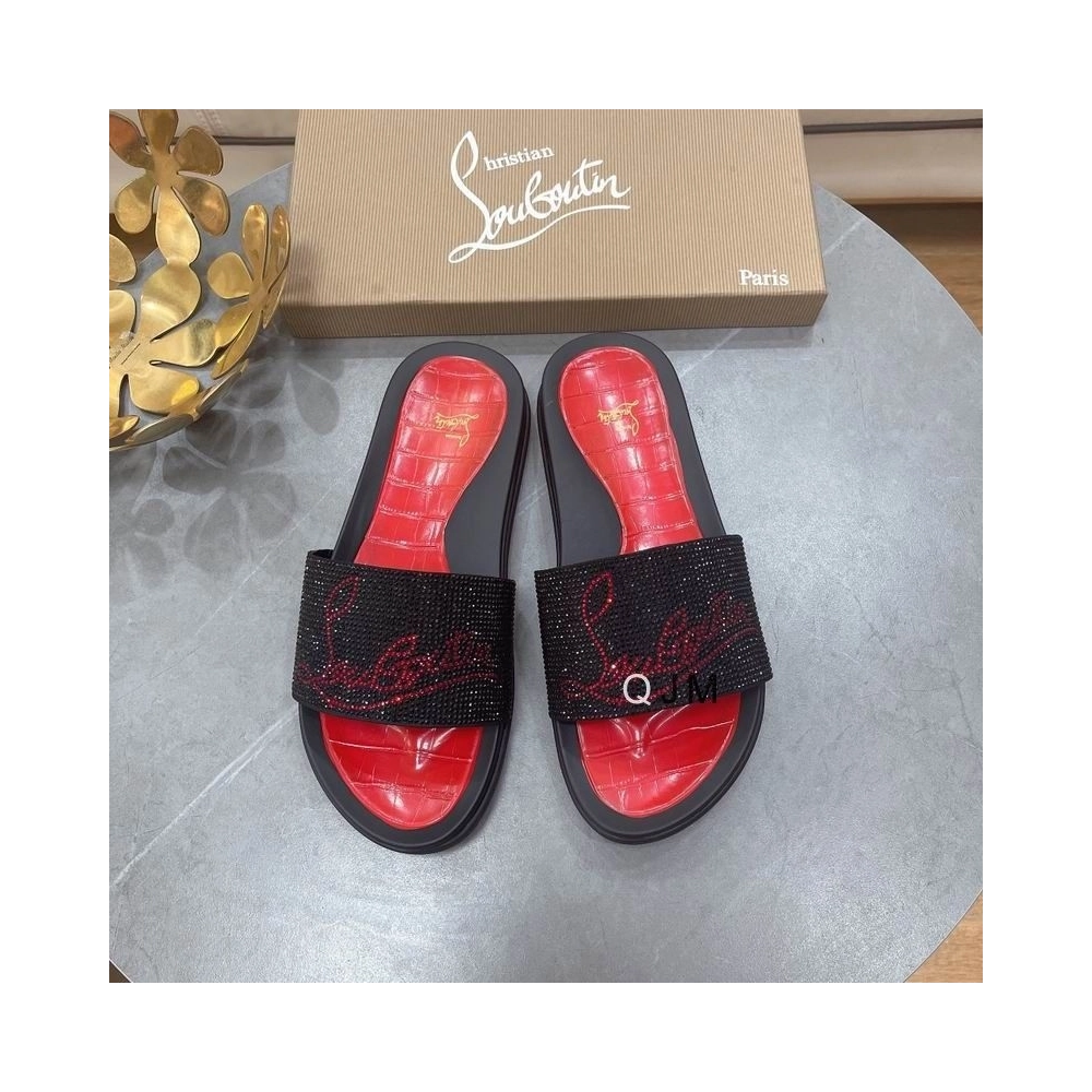 Discount Christian Louboutin Men Slide Sandals Strass Embellishment Rubber Black Red Outlet
