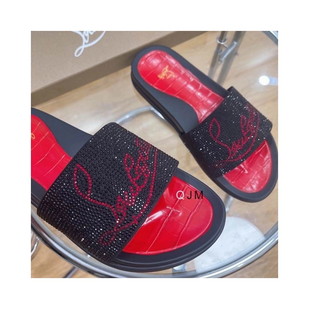 Discount Christian Louboutin Men Slide Sandals Strass Embellishment Rubber Black Red Outlet