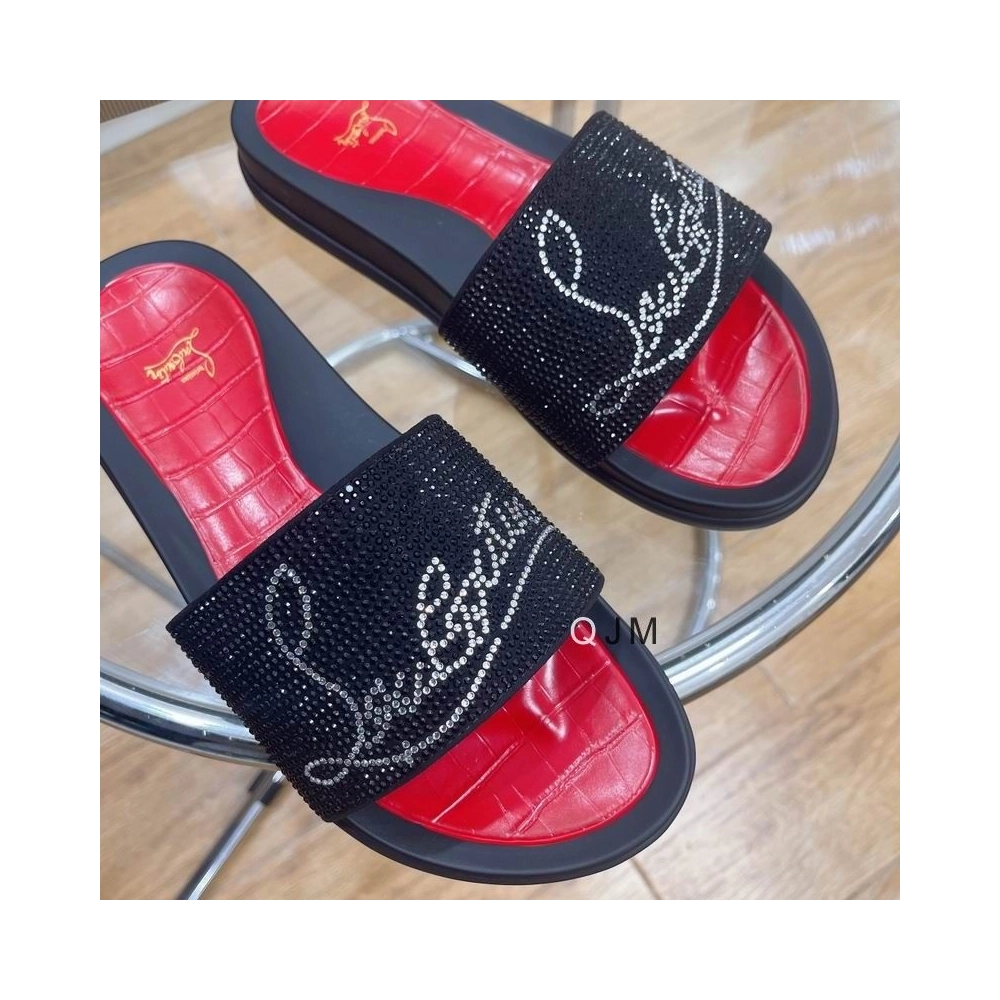 Replica Christian Louboutin Men Slide Sandals Strass Embellishment Rubber Black