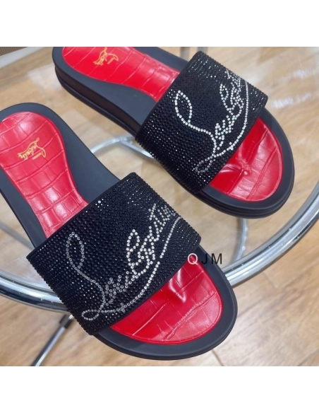 Replica Christian Louboutin Men Slide Sandals Strass Embellishment Rubber Black