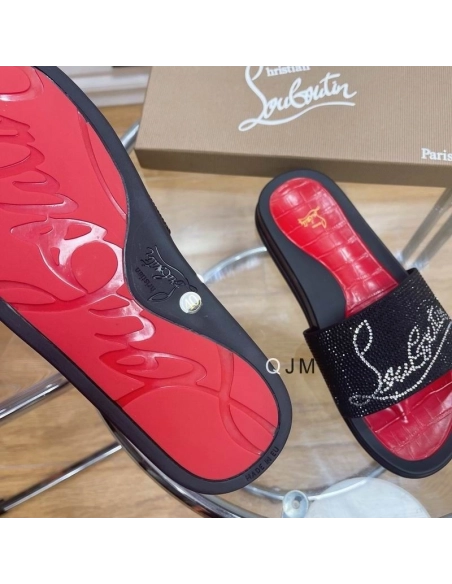Replica Christian Louboutin Men Slide Sandals Strass Embellishment Rubber Black