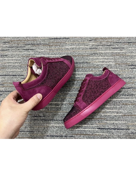 Christian Louboutin Louis Junior Strass Sneakers Suede Leather Burgundy
