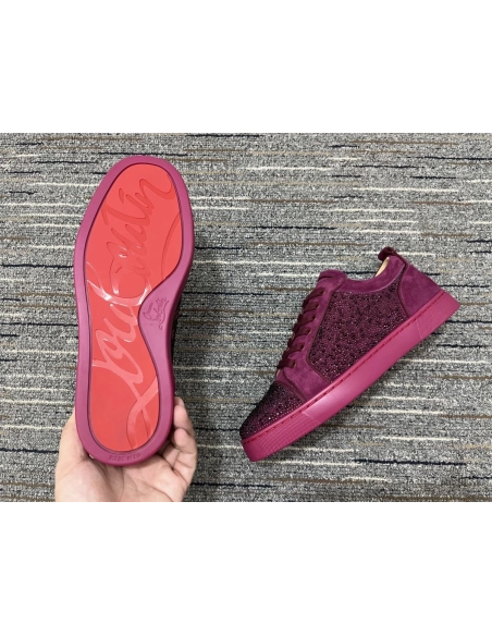 Christian Louboutin Louis Junior Strass Sneakers Suede Leather Burgundy