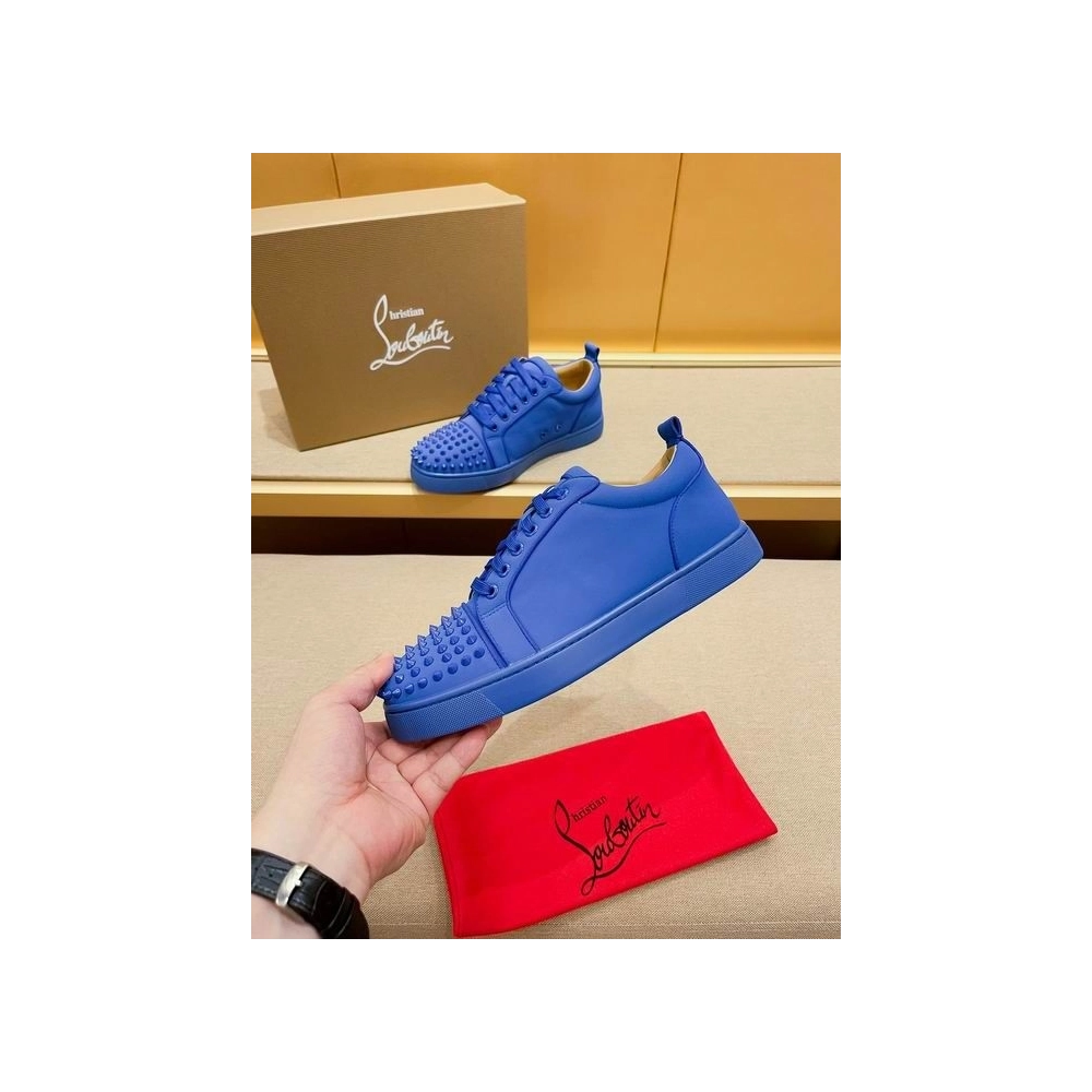 Fake Christian Louboutin Louis Junior Spikes Low-top Sneakers Leather Blue