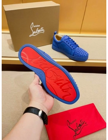 Fake Christian Louboutin Louis Junior Spikes Low-top Sneakers Leather Blue